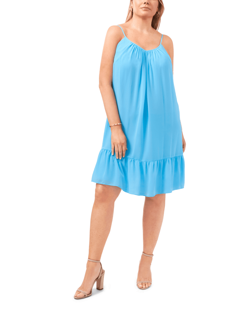 Front of a model wearing a size 0X Emma Sleeveless Dress in PARADISE BLUE by 1.State. | dia_product_style_image_id:262124